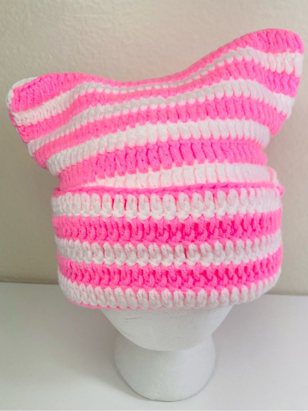 NEW Pink & White Striped Knit Cat Ear Square Beanie 🐱